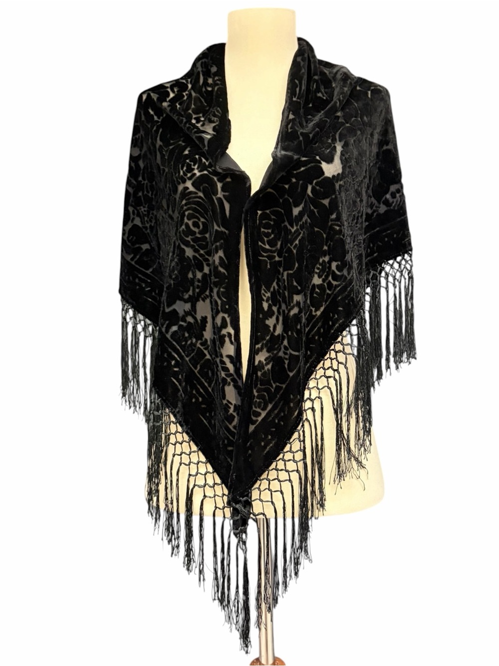 Black Floral Burnout Velvet Fringe Shawl Wrap, Boho, Goth, Stevie Nicks Shawl
